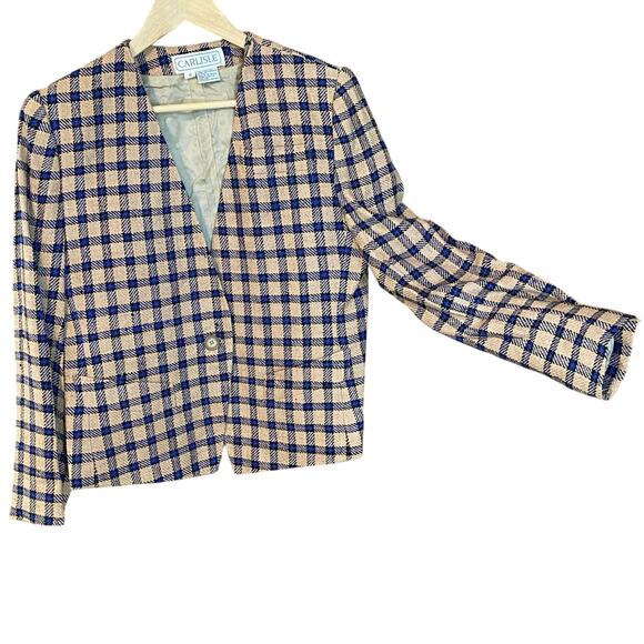 Carlisle Vintage Silk Blazer 12 Tan Blue Plaid British Crown Colony Hong Kong - Picture 2 of 7